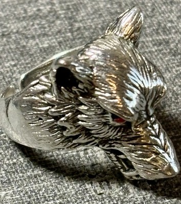 Elegant Stainless Steel Wolf Pinky Ring w Ruby Chip Eyes Adjustable