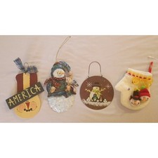 Lot of 4: Folksy Primitive Country Christmas Tree Ornaments with Hangers