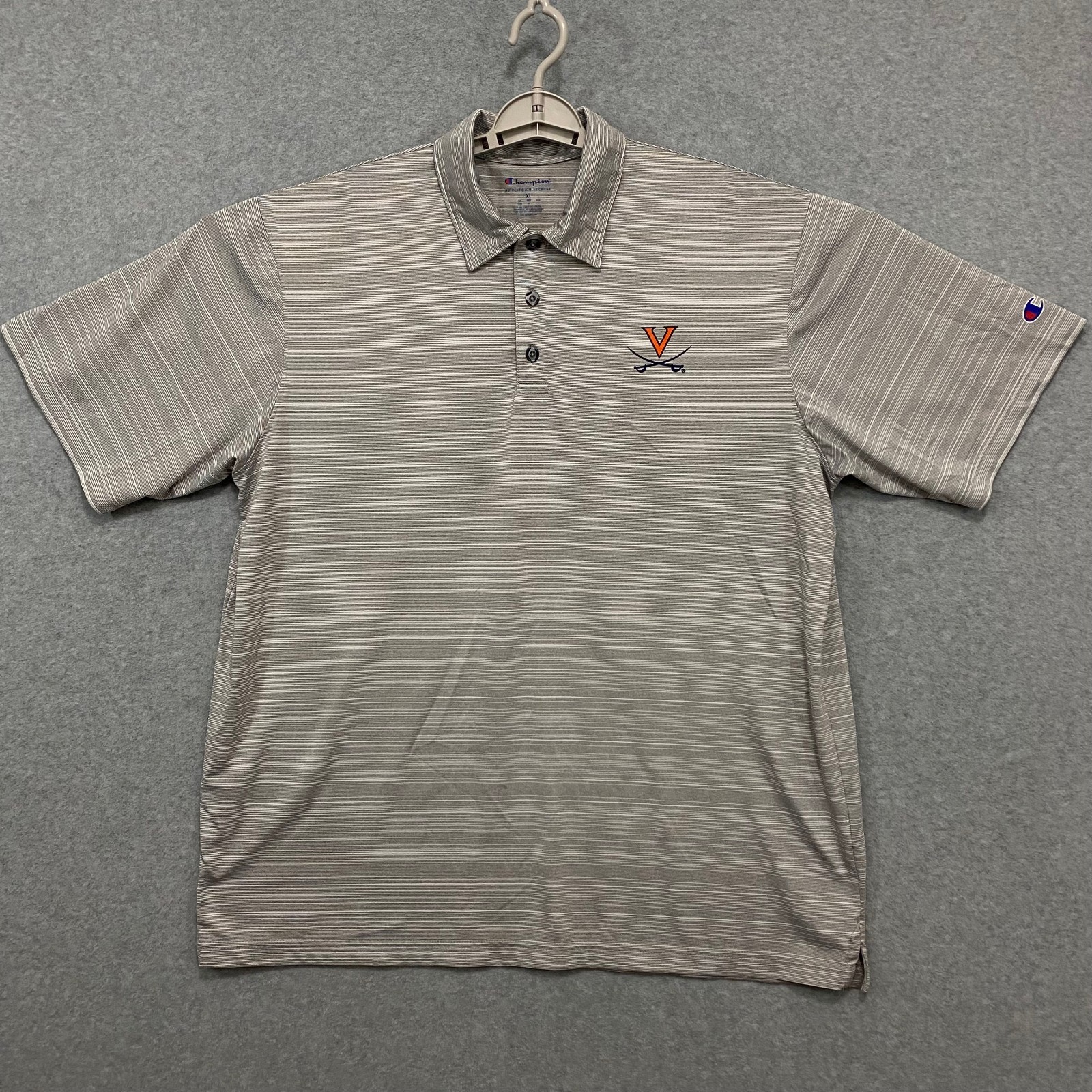CHAMPION Mens XL Gray Striped Polo Shirt UVA Cavaliers Logo Short Sleeve Golf