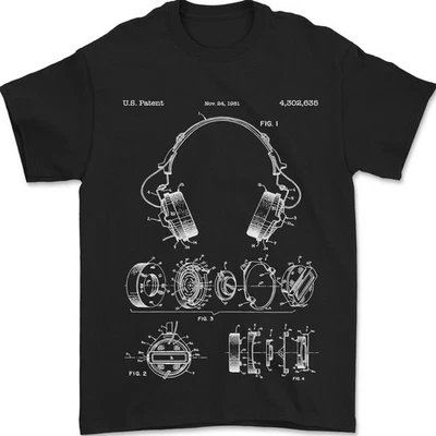 T-Shirt Homme 100% Coton Plan De Brevet Casque Musique DJ Danse - Photo 1/4