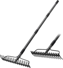 Garden Rake, 63 Inch Long Handle with 17 Tongs, Heavy Duty Metal Bow Rake for Lo