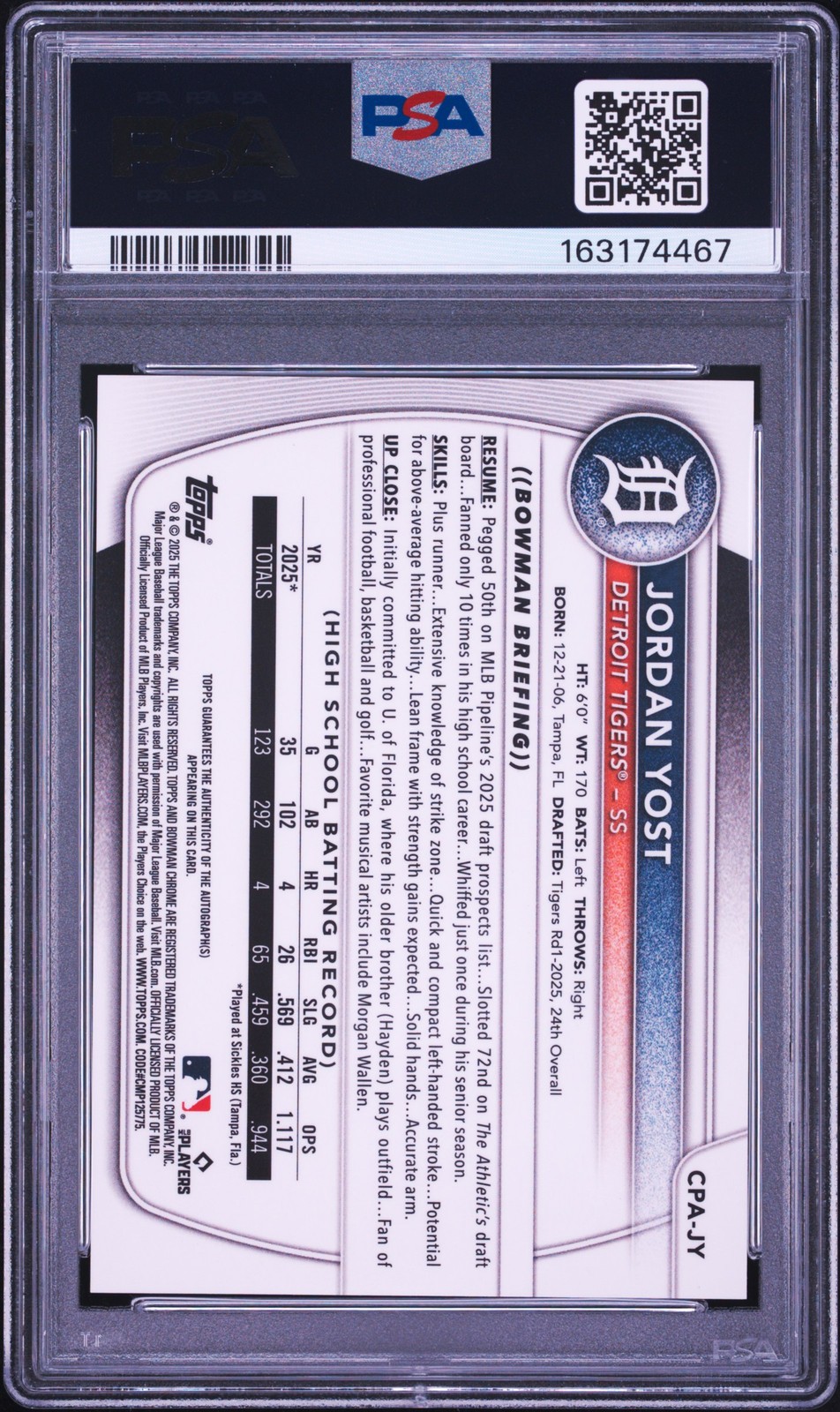 2025 BOWMAN DRAFT CHROME PROSPECT AUTO YELLOW REFRACTOR JORDAN YOST 25/75 PSA 8 view 2