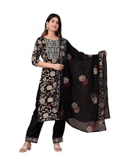 Women's Rayon Printed Embroidered Anarkali Black Kurta with Pant Malmal Dupatta
