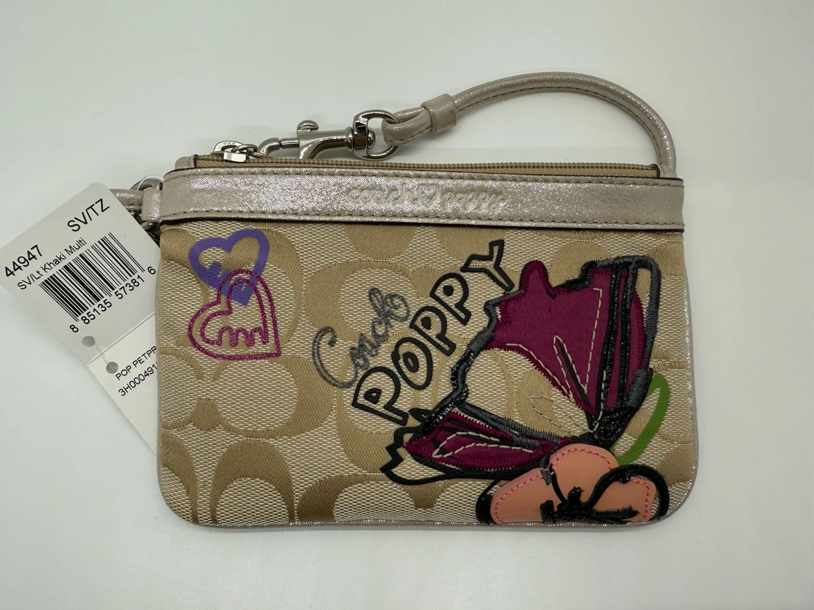 Coach Applique Stampa Petali di Papavero Firma Braccialetto Cachi Chiaro 44947 Nuovo con etichette Rara