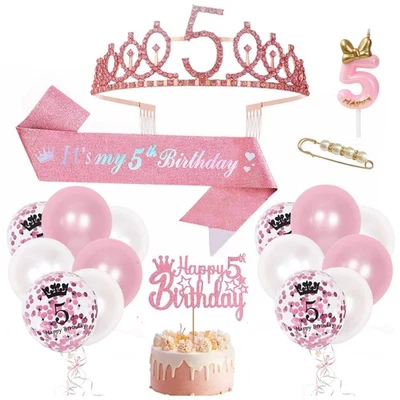Décoration de 5e anniversaire pour fille - Couronne et écharpe rose - Photo 1/4