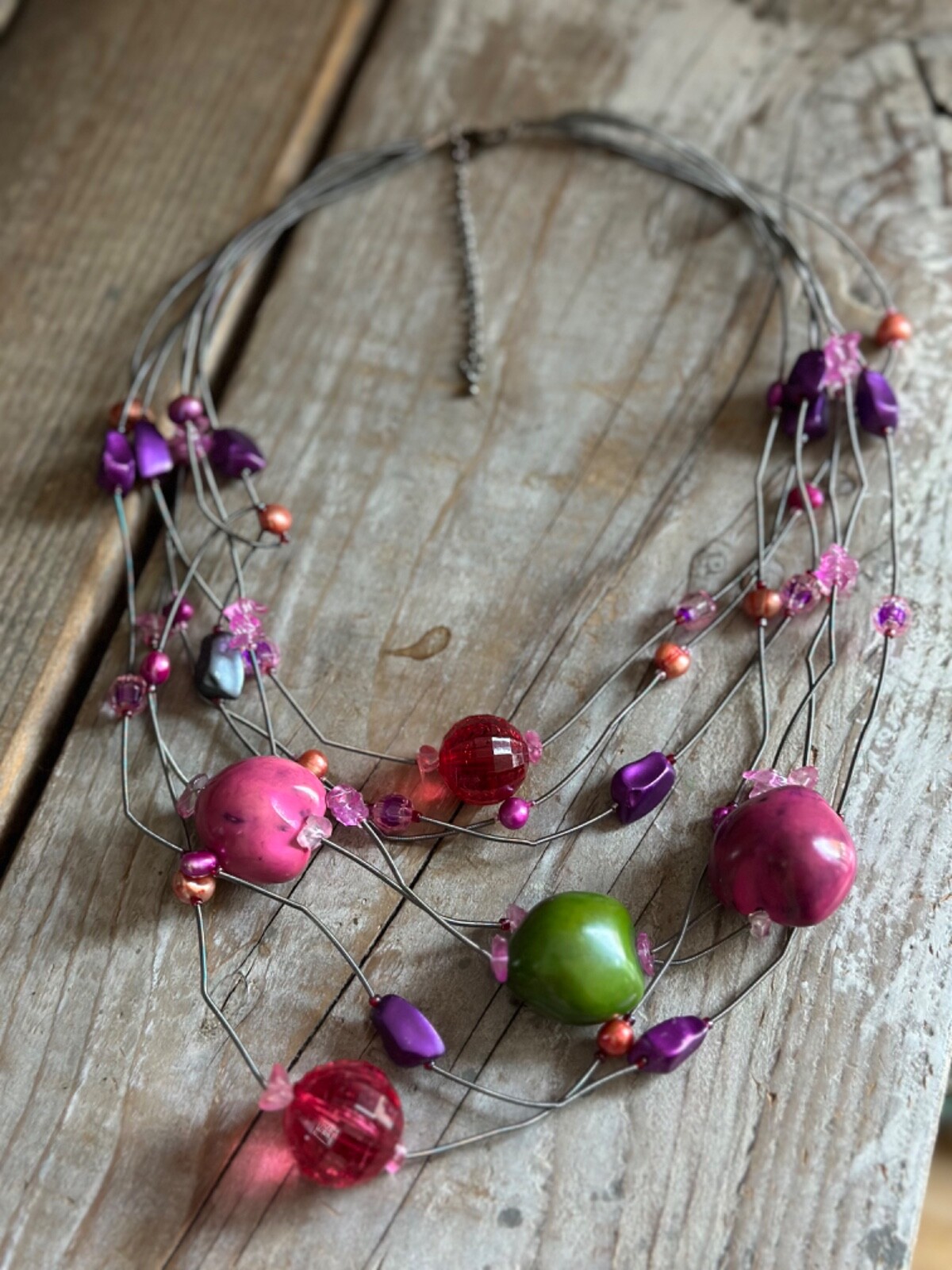 Pretty Pink Multi Strand Cable Beaded Necklace St… - image 1