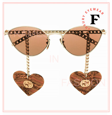 GUCCI GG0977S CHAIN 0977 Gold Brown Tiger Heart Detachable Charm