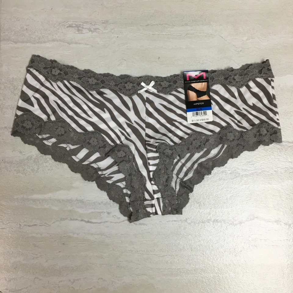 Paquete de 4 hipster de encaje festoneado descarado Maidenform, rayas cebra gris/blanco, XL/8 Foto 4 de 4
