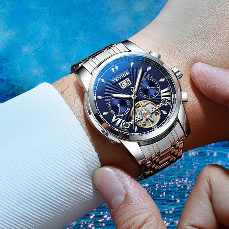 Tourbillon Automatic Self-Wind Mechanical Watches Men Calendar Luminous Hands
