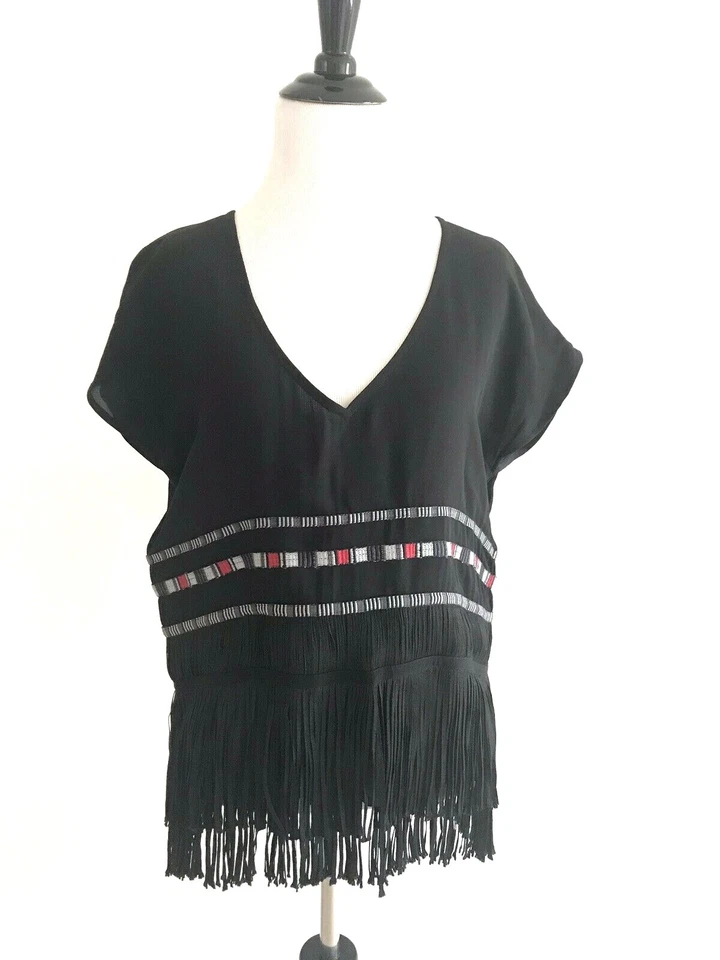 Top Twelfth Street Cynthia Vincent Bordado Flecos Talla S Negro Cuello en V Suelto  Foto 3 de 4