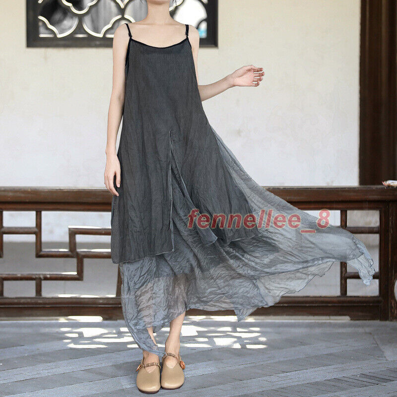 Women's Cotton Linen Slip Dress Retro Irregular Skirt Sleeveless Pleated  Long | eBay