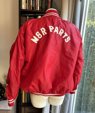 Vintage 80s 90s Women's Red Bomber Jacket Sherpa Embroidered Mechanic Size L/XL