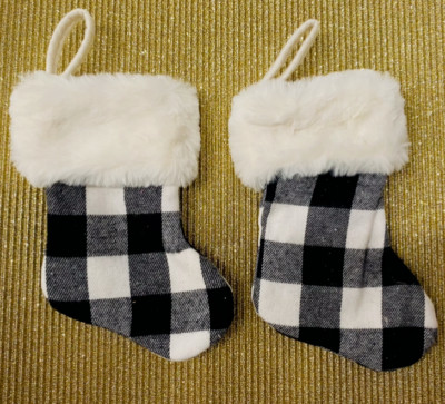 NEW CHRISTMAS BUFFALO CHECK STOCKINGS WITH FAUX FUR 7'' LOT OF 2 ORNAMENTS TREATS