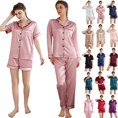 UK Womens Pyjamas Ladies Satin Pajamas Set Dressing Gown Summer Pjs  Loungewear | eBay UK