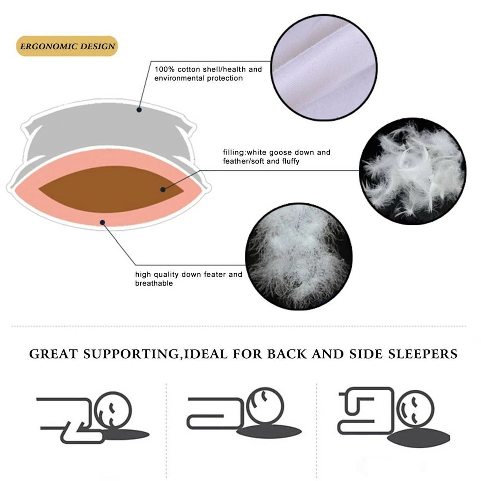 Paquete de 2 almohadas acolchadas para cama tamaño king pluma de ganso blanco estándar queen Foto 3 de 4