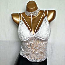 Damen Unterhemd Tanktop Ärmellos Neckholder Spitze Rückenfrei Gothic Hohl Out
