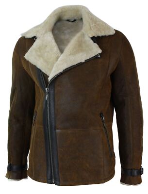 Herrenjacke 100% Echtleer Braun Winter Mantel Schaffell Wildleder