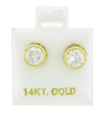 14K Solid Yellow Gold White Round CZ Bezel Set Push Back Stud Earrings 6.5mm