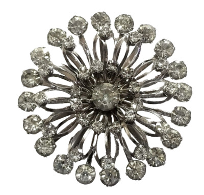 Clear Rhinestone Brooch Atomic Snowflake Sunburst Layered Flower MCM Wedding VTG
