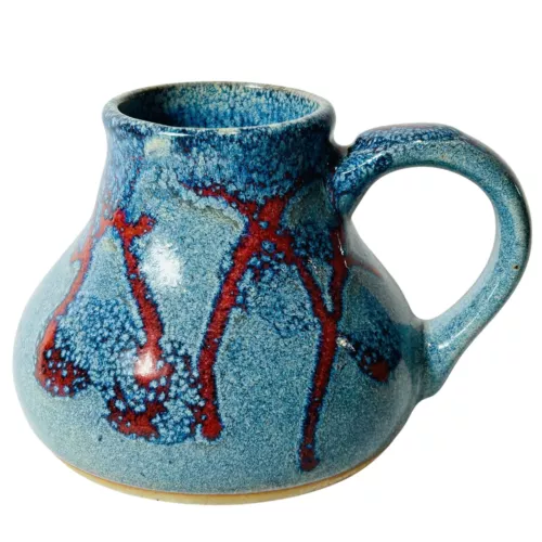 DK Clay Studio Art Pottery Mug Red Blue Glaze Sanford NC Coastal Signed 4"