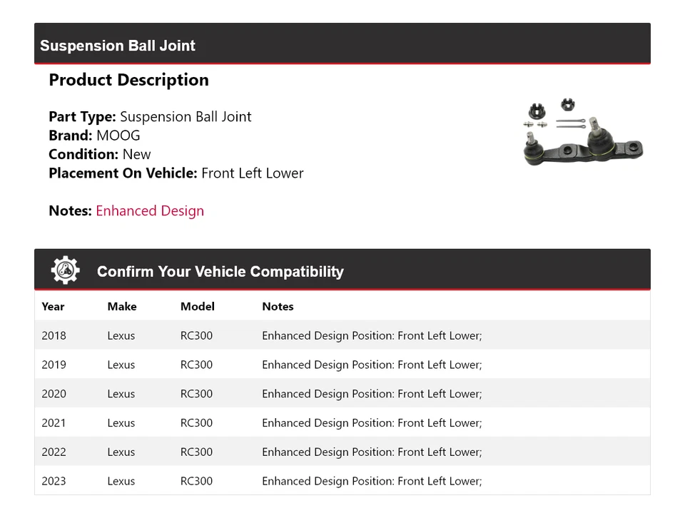 Para 2018-2023 Lexus RC300 junta esférica de suspensão dianteira esquerda inferior MOOG 2018 2019 - Imagem 2 de 4