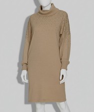 Calvin Klein Women's Beige Embellished Long-Sleeve Sweater Dress Size M