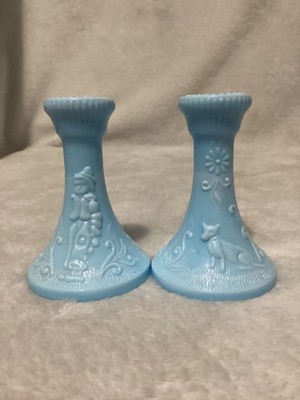 Mosser Boudoir Dutch Boy and Dog Blue Slag Glass Miniature Candle Holders