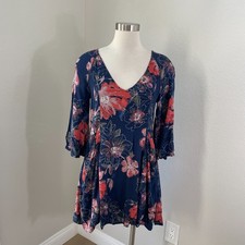Free People Womens 2 Blue Mini Floral Swing Dress 3/4 Sleeve V Neck Pockets