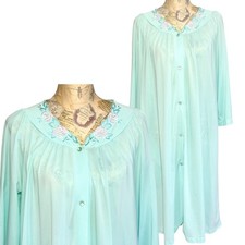 VTG Shadowline Robe Womens M Blue Button Front Soft Silky Nylon Pocket Housecoat