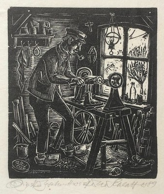 Hermann M. Schlatt (1910 2004), Holzschnitt  Der Drechsler , 1989. Mit Bleistift