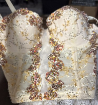 Y2K Marciano Corset Bustier Push-up Crop Beaded Cream Bronze 34B Missing One Rh