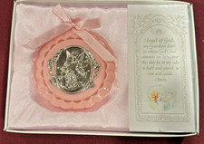 Guardian Angel Crib Medal Pink Or Blue 4 inches Newborn, Baptism Gift