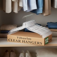 Quality Clear Plastic Hangers 12 Pack - Durable Crystal Cut Heavy Duty Hangers f