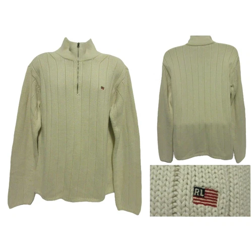 OFF WHITE Maglione Vintage Polo Jeans Uomo Grande Ralph Lauren Crema Off White Maglia Cavo Y2K 90