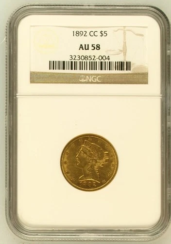 1892-CC $5 Liberty Head Gold Coin NGC AU 58 – Rare Collectible
