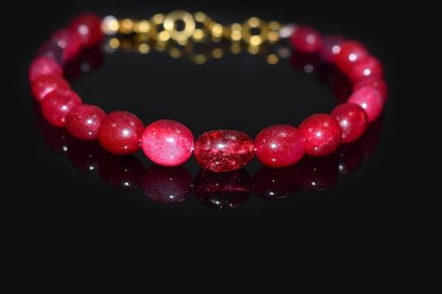Genuine Pink Ruby Smooth Oval Shape Gemstone Beaded Women Success Bracelet 6-8''