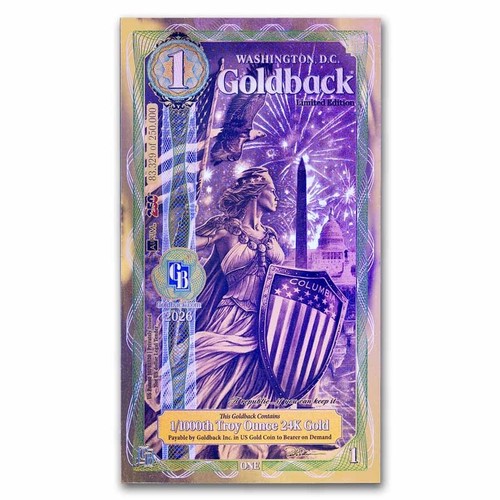 1 billet feuille d'or Washington DC Goldback 250e anniversaire des États-Unis 24k LIMITÉ - Photo 2/5