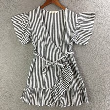 Miken Swim Cover-Up Womens XS Flutter Sleeve Tie-Waist Ruffled Hem Striped Gray