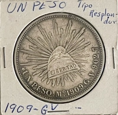 1909 Mexico 1 Peso Silver Coin Cap and Rays -GV