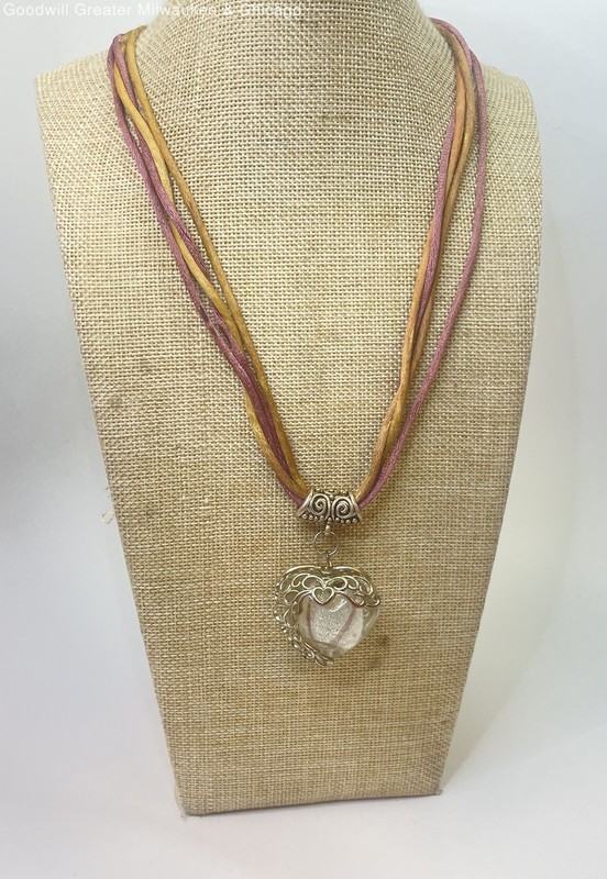 Artisan Dichroic Glass Heart Silver Tone Filigree Details Pendant Necklace 36.2g