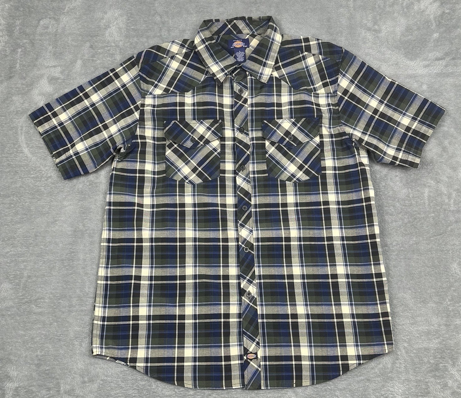 Dickies Shirt Mens Large Blue Gray Plaid Button Up Short Sleeve Workwear Casual