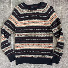 Men's J Crew Lambswool Fair Isle Navy Blue Nordic Crewneck Pullover Sweater Sz S