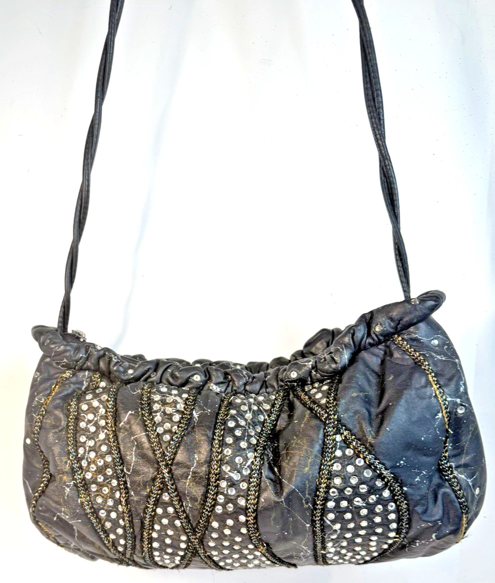 Vintage Rita Diana for Mylinka Black Metallic Rhinestone Leather Crossbody Purse