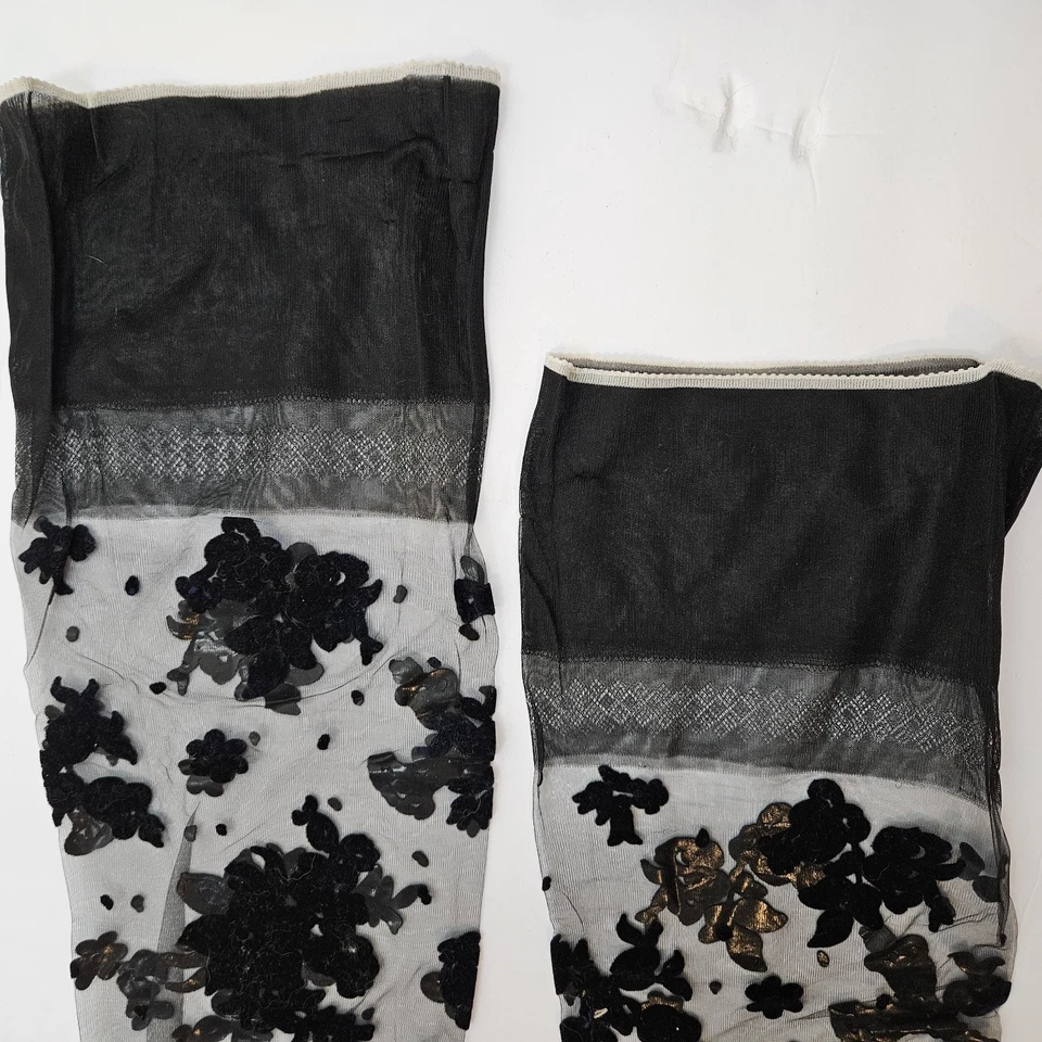Medias Hanes Sheer Extravagance Negras Raras De Colección con Apliques Florales Talla M Foto 2 de 4