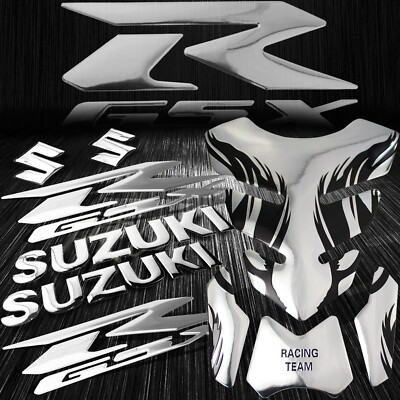 Chrome+Black Tribal Fire Gas/Fuel Tank Pad+3D 6'' Logo&Letter+GSXR Emblem Sticker