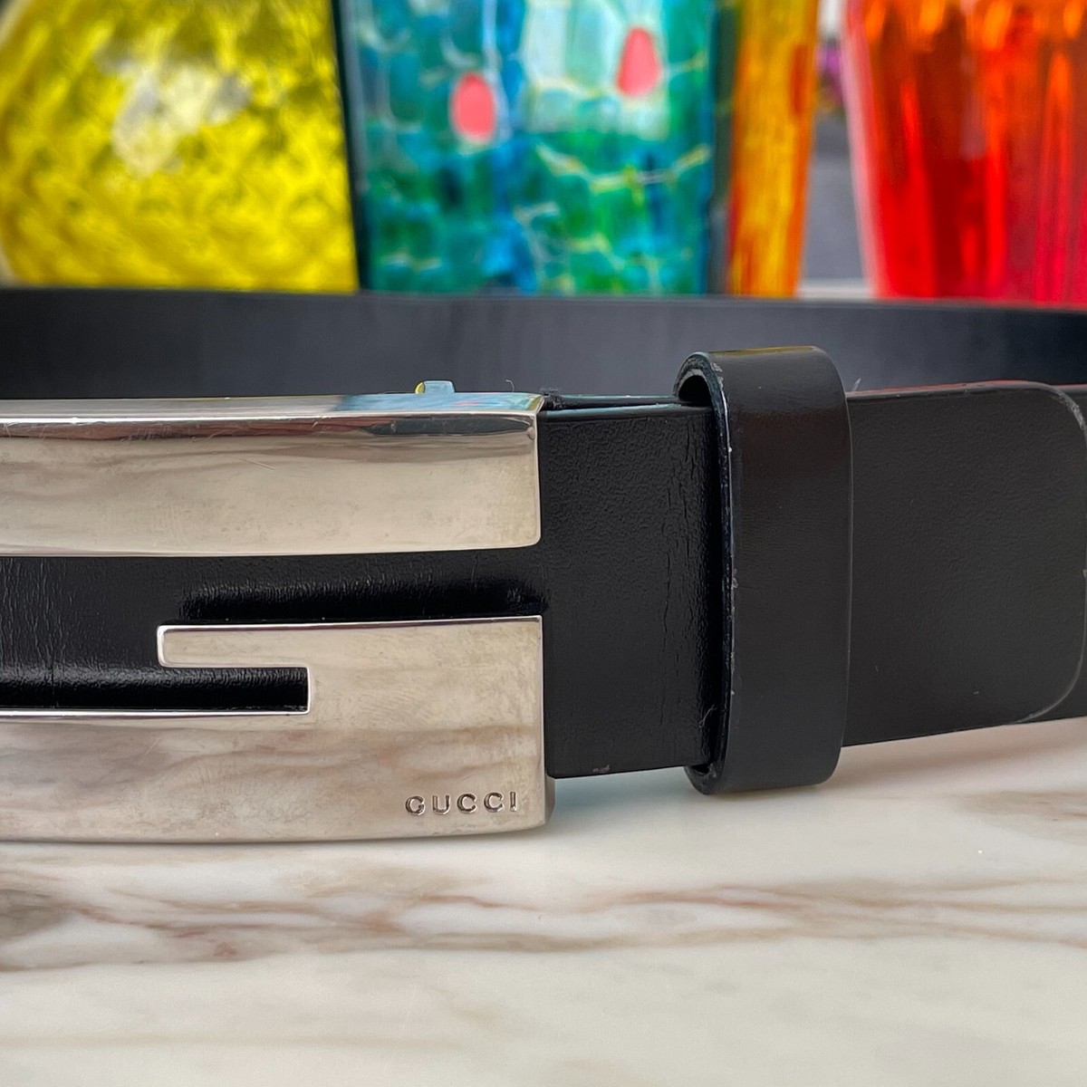 GUCCI by Tom Ford black leather belt w/ G buckle size 70/28 from F