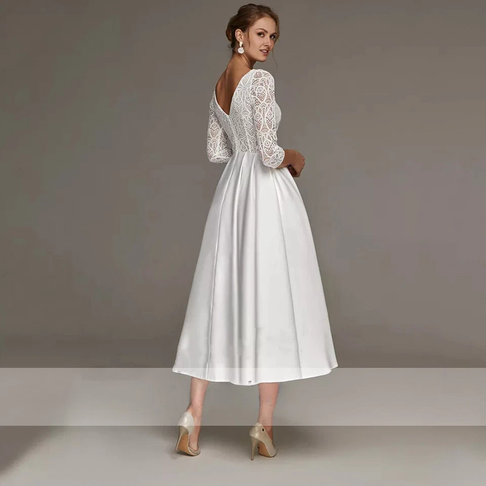 White Satin Lace V Neck Wedding Dress 3/4 Sleeves Tea Length A Line Bridal Gowns - Image 2 of 4
