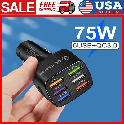15A 6 USB Ports Car Charger Adapter LED Display QC3.0 Mobile Phone Fast Charging