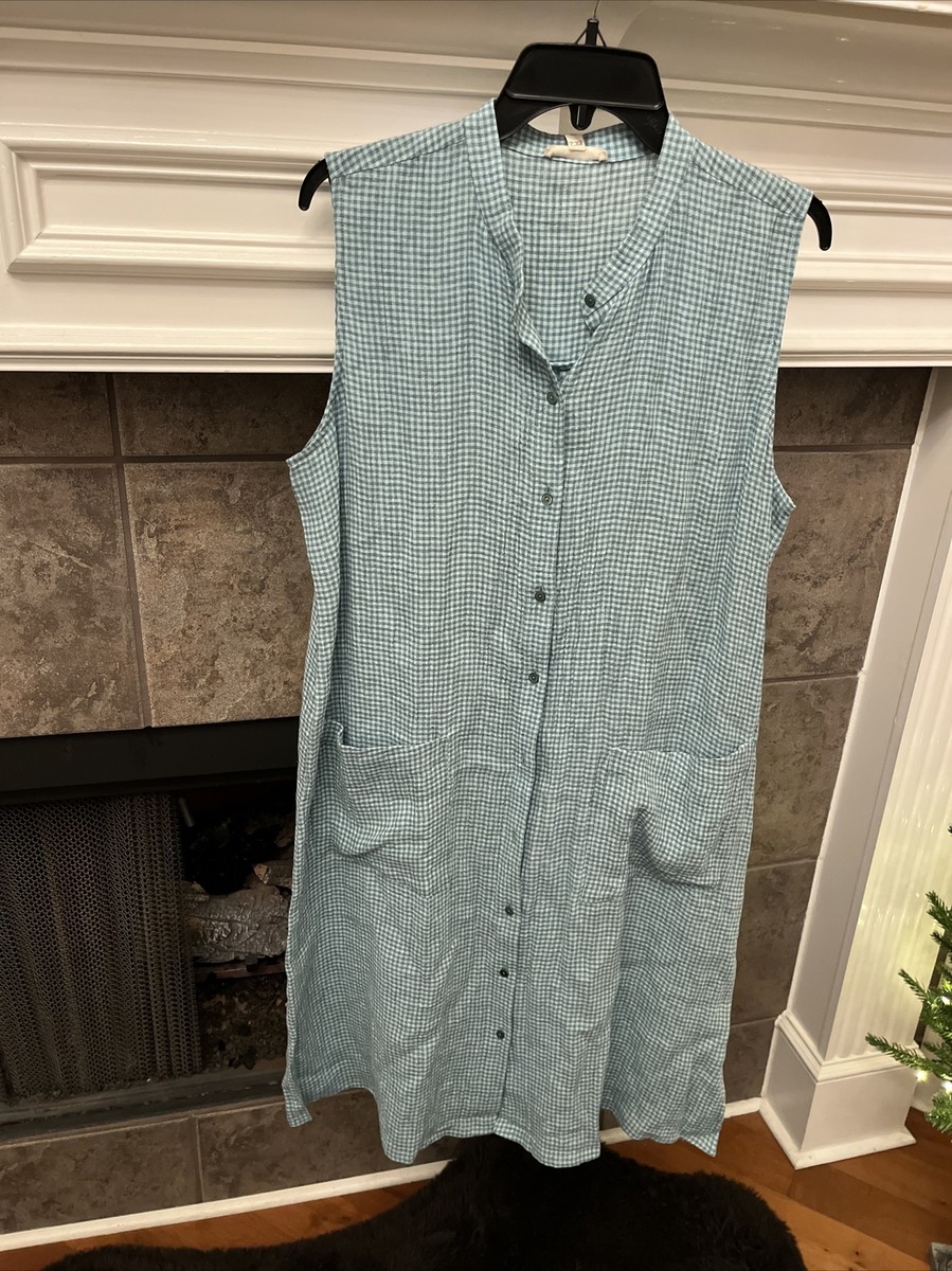 eileen fisher organic linen mandarin collar dress Eileen Fisher Puckered Organic Linen Stripe Mandarin Collar Cap Sleeve Dress, Womens, S, Ultramarine