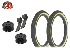 2 BICYCLE ALTA 16 X 1.75 YELLOW LINE BRICK TIRES W/HEAVYDUTY TUBES & RIMSTRIPS